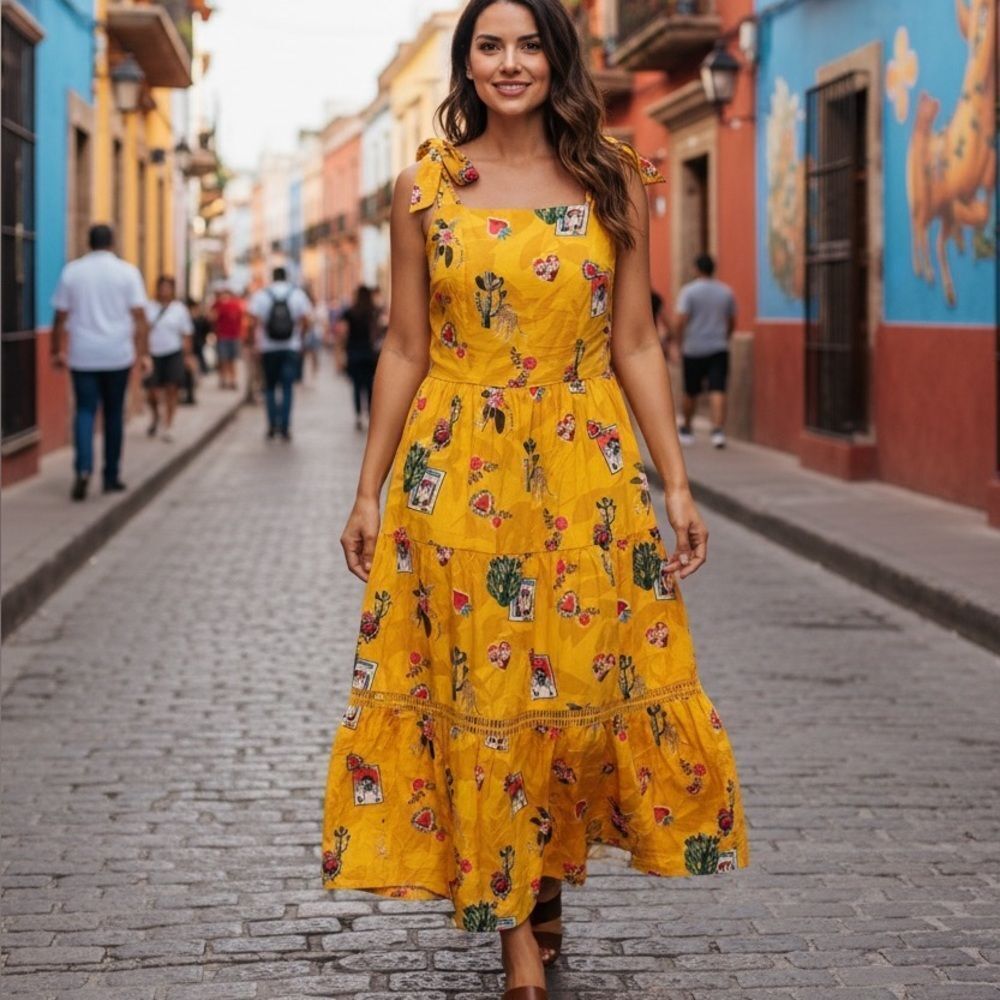 Emily Lovelock Yellow Mexico City Frida  Print Tie Shoulder Midi Dress XS